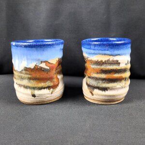 Pair of Hand Thrown Studio Pottery Sky & Landscape Thumbprint Mugs 2010 READ